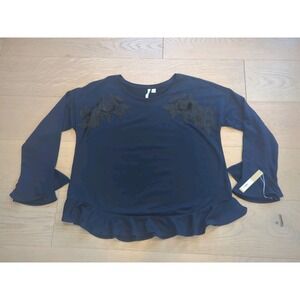 LC Lauren Conrad Navy Floral Embroidery Tunic XL Ruffle Sleeve‎ Boho Top NWT $44